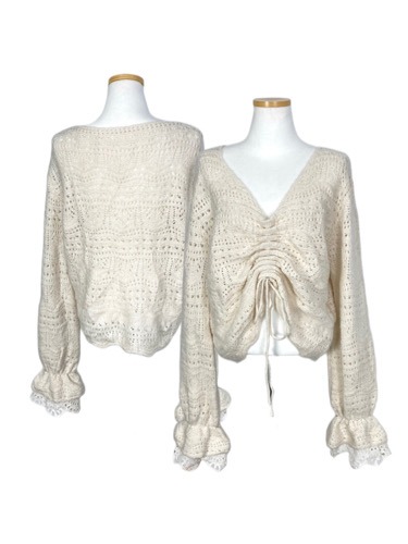 shirring crop lace knit top