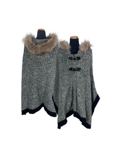 strap raccoon fur hood knit cape