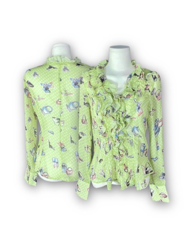 patterned green ruffle blouse
