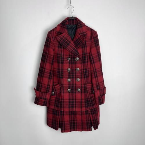 red tartan-check double coat