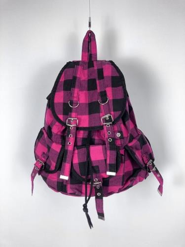 pink check pattern strap backpack