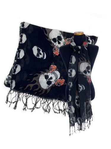 rose skull pattern fringe scarf