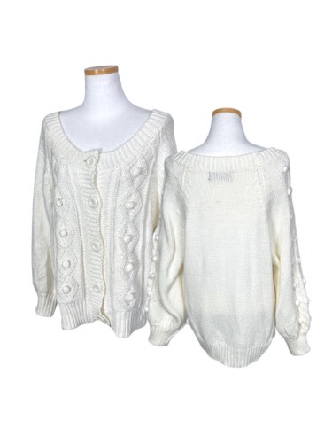 white pompom cable knit cardigan
