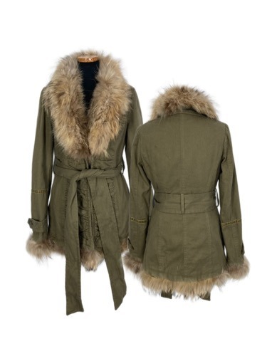 khaki gathers belted fur deatail coat