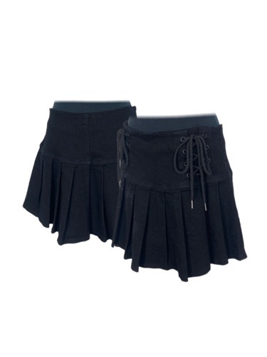 black pleats lace-up skirt