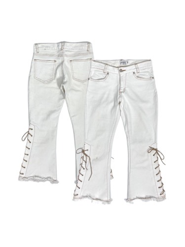 y2k white lace-up capri pants
