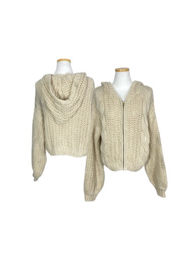 oatmeal cable knit crop hood zip-up