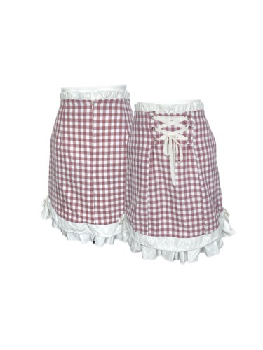 pink check lace-up frill skirt