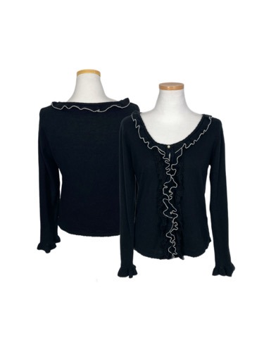 black frill pearl knit cardigan