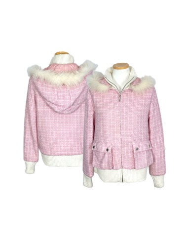 pink tweed fur hood jumper