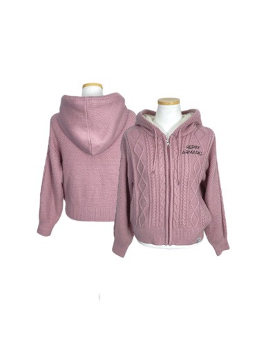 pink cable knit logo hood zip-up