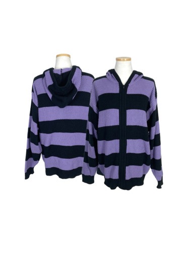 violet stripe knit hood zip-up