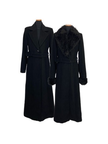 belted wool black fur long coat