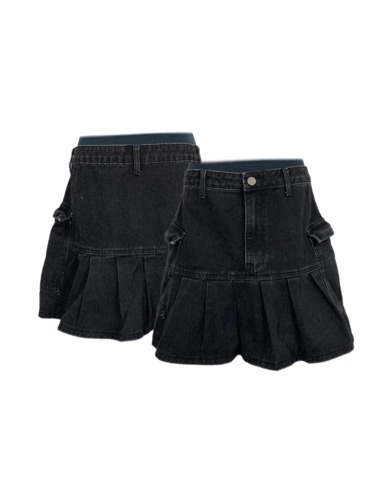 black denim cargo pleats skirt