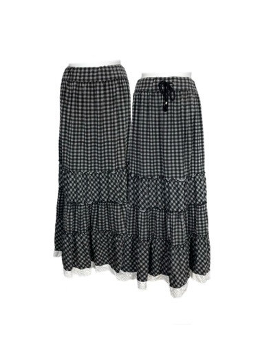 tired check lace long skirt