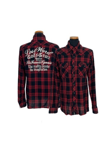 red check punk lettering shirt