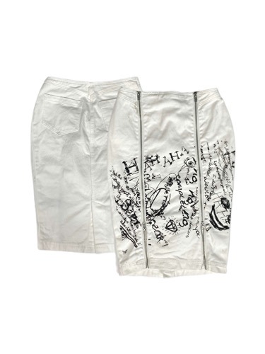 grunge printing white zip-up skirt