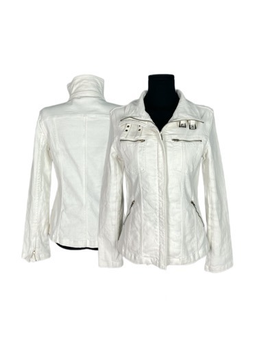 white denim strap high-neck jacket