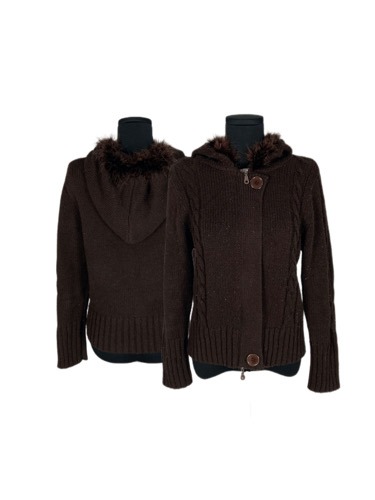 brown knit hood zip-up cardigan