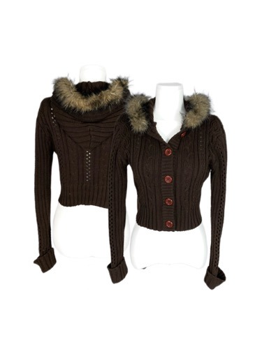 brown crop knit hood cardigan