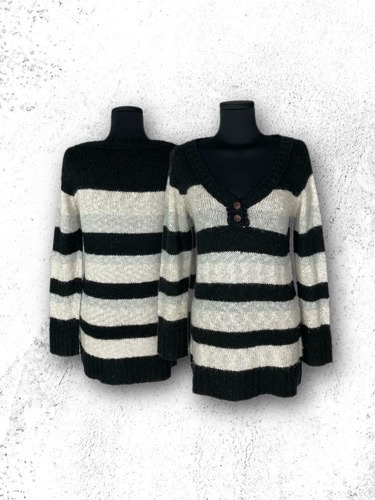 button neck stripe knit top