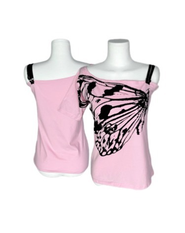 pink butterfly unbalance shoulder t-shirt