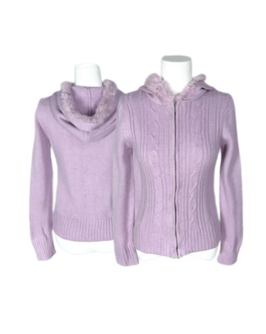 violet knit fur hood zip-up