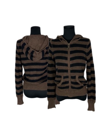 brown stripe knit hood zip-up