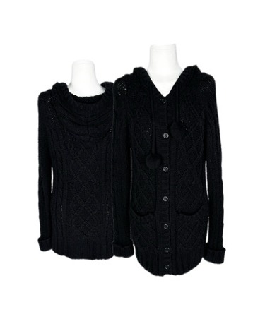 black knit pompom hood cardigan