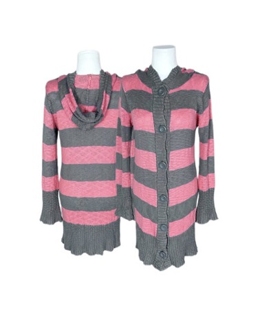pink stripe knit hood cardigan
