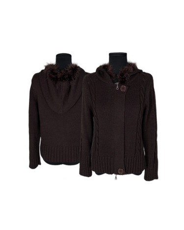 brown knit fur hood zip-up