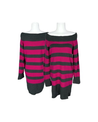 pink grey stripe off-shoulder knit dress