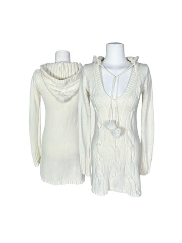 white knit pompom hood dress