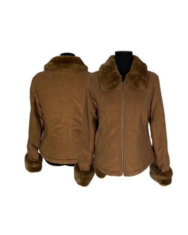 brown fur treaming shearling jacket
