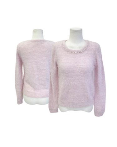 pink hairy pearl neck sweater