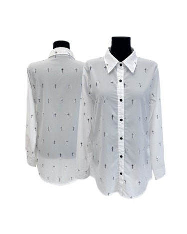 cross pattern white chiffon blouse