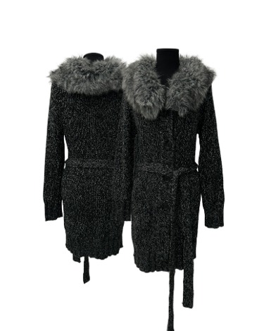 fur collar belted knit coat