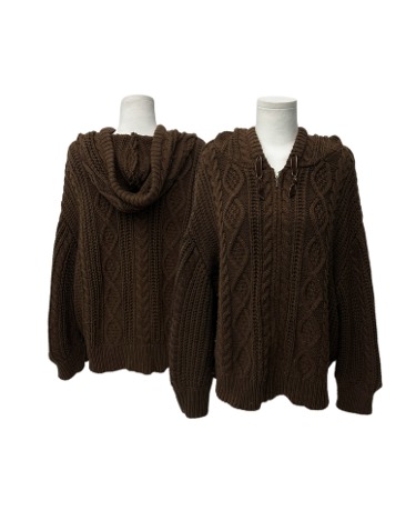 brown over knit hood zip-up